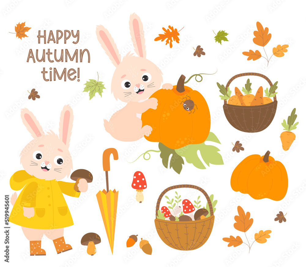 Set Happy autumn time. Cute rabbit in raincoat and rubber boots collects mushrooms and bunny with big pumpkin. Basket with mushrooms, carrots and falling autumn leaves. Vector illustration. Isolated. Set Happy autumn time. Cute rabbit in raincoat and rubber boots collects mushrooms and bunny with big pumpkin. Basket with mushrooms, carrots and falling autumn leaves. Vector illustration. Isolated.