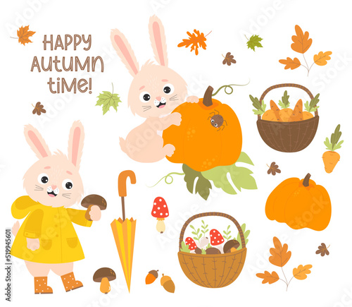 Set Happy autumn time. Cute rabbit in raincoat and rubber boots collects mushrooms and bunny with big pumpkin. Basket with mushrooms, carrots and falling autumn leaves. Vector illustration. Isolated.