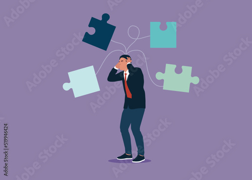 Businessman character suffering from brain disease and memory loss standing with puzzles flying around. Alzheimer illness disease patient.