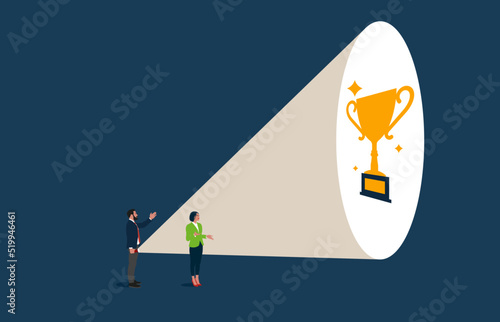 Businessman using flashlight to light path help reaching success trophy. Man support employee finding career success and reach achievement.