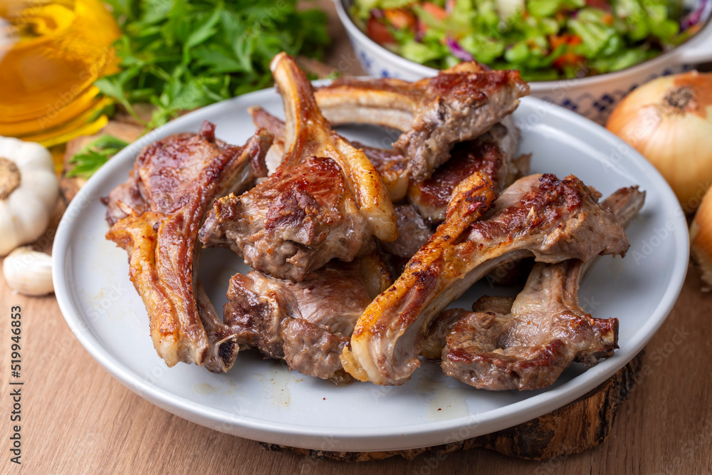 Grilled lamb chops in delicious view, Turkish name; kuzu pirzola