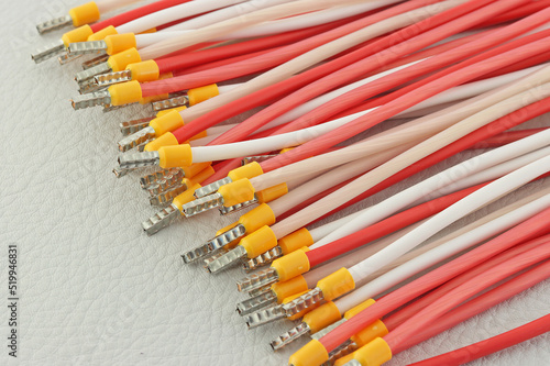 Copper electrical wires for installation in color insulation close-up.