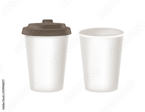 Disposable white paper coffee cup with plastic drinking lids vector illustration isolated on white background
