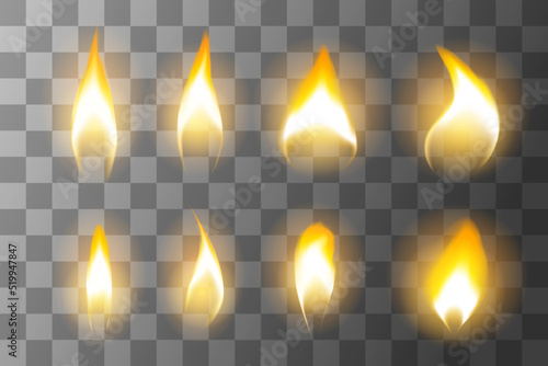 Set of fire flame light effect vector illustration isolated on transparent background