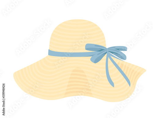 Summer straw hat with blue ribbon and bow vector illustration isolated on white background