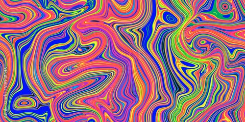 Colorful psychedelic seamless marble pattern with hallucination swirls. Vector liquid acrylic texture. Flow art. Trippy 70s textile background. Tie dye simple artistic effect. Groovy design