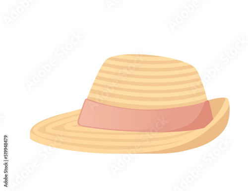 Summer straw hat with pink ribbon vector illustration isolated on white background