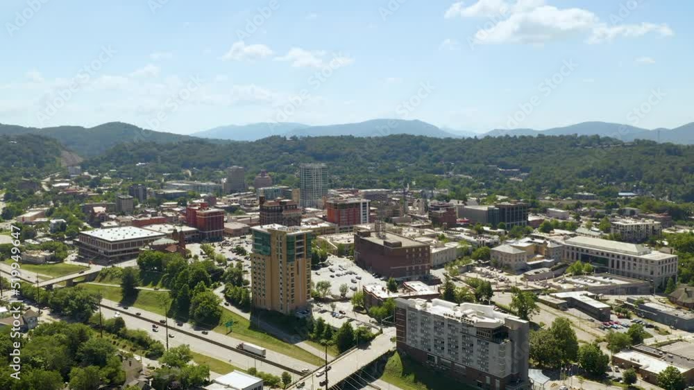 Drone Orbit Left over Downtown Asheville with Mountains in the Background Drone Orbit Left over Downtown Asheville with Mountains in the Background