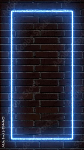 Electric circuit neon sign frame on dark brick wall urban background copy space for text, vertical video for social media photo
