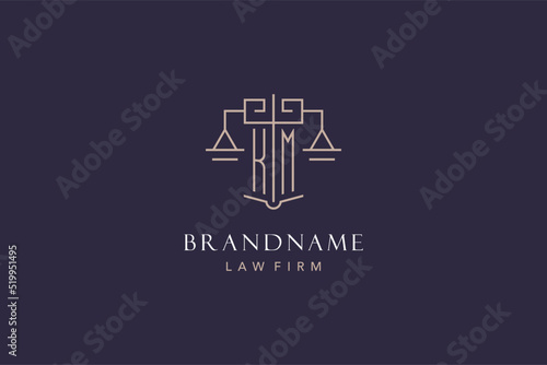 Initial letter KM logo with scale of justice logo design, luxury legal logo geometric style