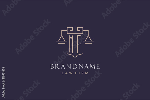 Initial letter MF logo with scale of justice logo design, luxury legal logo geometric style