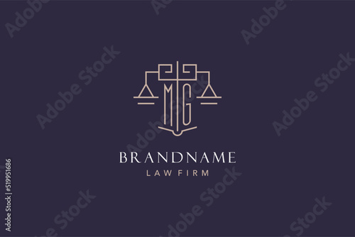 Initial letter MG logo with scale of justice logo design, luxury legal logo geometric style