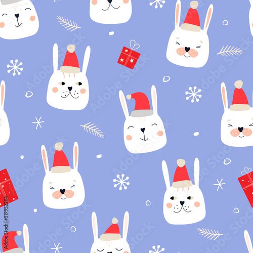 Seamless pattern with Christmas bunnies. Children's winter abstract trend print with funny rabbits, gifts, snowflakes. Vector graphics.