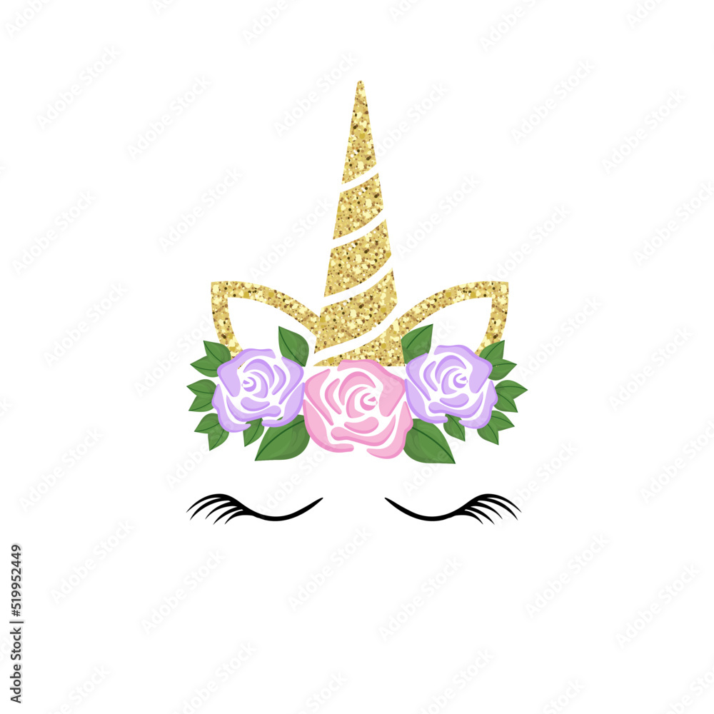 Cute unicorn face. Funny character with rose flowers. Card and shirt print design. Colorful illustration isolated on white background