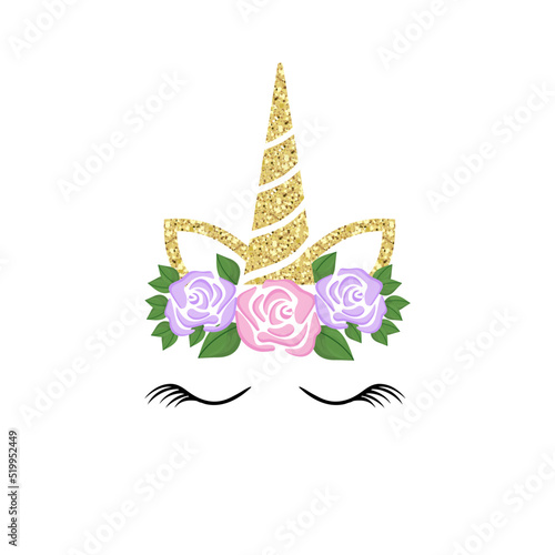 Obraz na płótnie Cute unicorn face. Funny character with rose flowers. Card and shirt print design. Colorful illustration isolated on white background w salonie