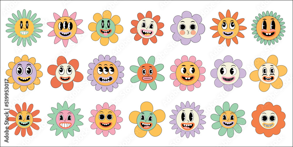 Groovy flower pack in trendy retro hippie 60s, 70s style. Cartoon trendy retro style flower set. Cute comic doodle stickers, hallucination and psychedelic sticker. Groovy flower pack in trendy retro hippie 60s, 70s style. Cartoon trendy retro style flower set. Cute comic doodle stickers, hallucination and psychedelic sticker.