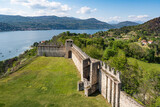 View from the Rocca di Angera with the walls of the castle and the Lake Maggiore in the background, Angera, Lombardy, Italy