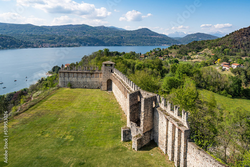 View from the Rocca di Angera with the walls of the castle and the Lake Maggiore in the background, Angera, Lombardy, Italy