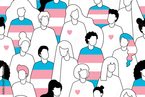 transgender crowd of people seamless pattern. International Transgender Day,31 March. Different people marching on the pride parade. Human rights. transgender person. transgender pride flag.  photo