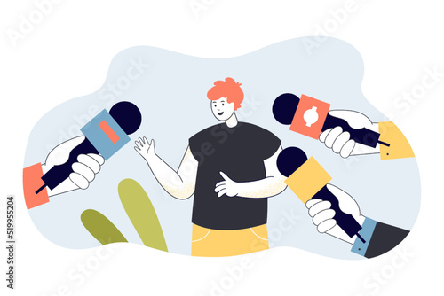 Hands pointing microphones at happy cartoon man. Journalists asking opinion of male character flat vector illustration. Journalism or press, interview concept for banner or landing web page