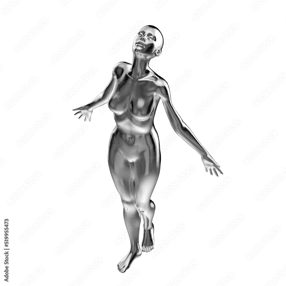 iridescent female woman mannequin futuristic figure in a freedom pose with emotions of a free human - 3d render of a futuristic female with psychedelic colors looking up