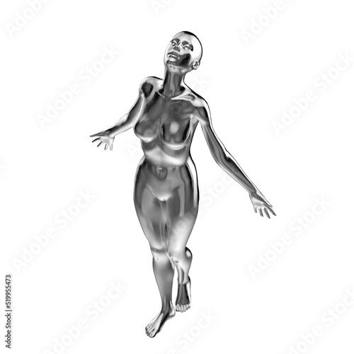 iridescent female woman mannequin futuristic figure in a freedom pose with emotions of a free human - 3d render of a futuristic female with psychedelic colors looking up