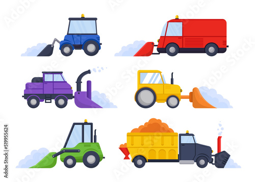 Side view of different snowplows flat vector illustrations set. Collection of flat cartoon drawings of snow plows, trucks or tractors on white background. Machinery or transport, winter concept
