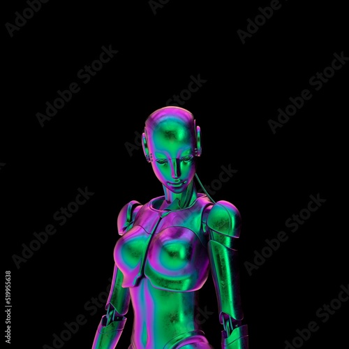iridescent female cyborg metallic robot with psychedelic colors standing and looking down emotionally and thoughtful - 3d illustration of an artificial intelligence machine with feelings