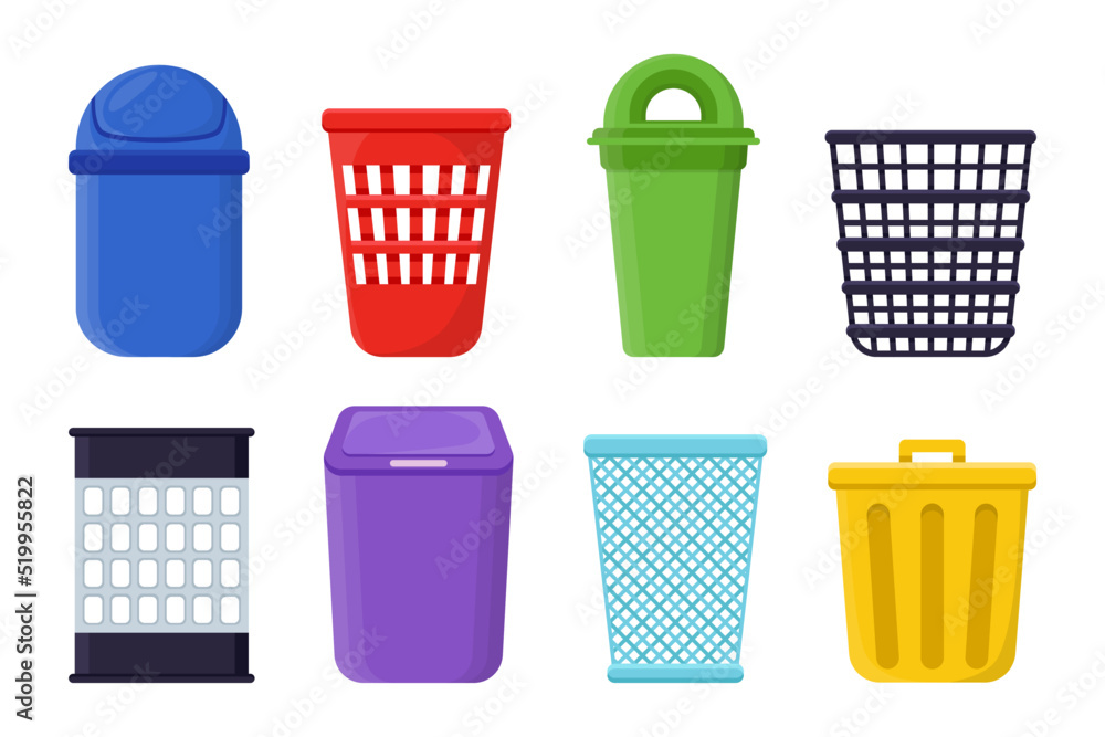 Different dustbin for office or home vector illustrations set. Collection of cartoon drawings of open and closed trash bins or wastebaskets, baskets for trash bags. Interior, garbage concept Different dustbin for office or home vector illustrations set. Collection of cartoon drawings of open and closed trash bins or wastebaskets, baskets for trash bags. Interior, garbage concept