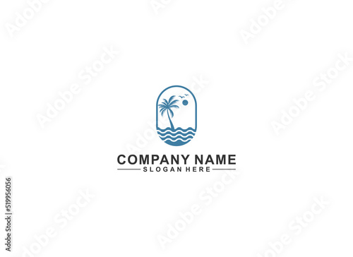 simple and easy to recognize and remember the logo of the view of the sea waves and coconut trees