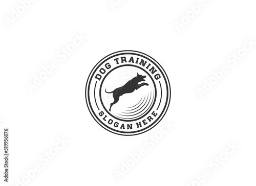 logo for dog training center with jumping dog illustration