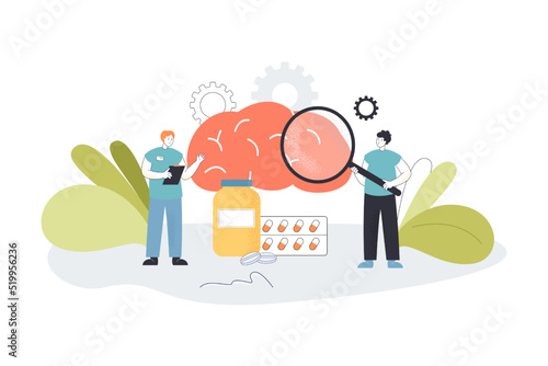 Man looking at human brain through magnifier. Doctor prescribing medication to patient flat vector illustration. Healthcare, medical examination concept for banner, website design or landing web page