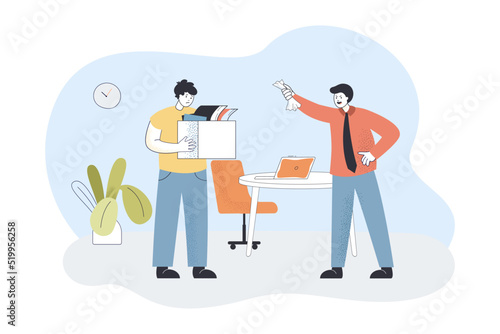 Angry boss firing sad office worker holding box. Upset cartoon man getting fired flat vector illustration. Career, dismissal, unemployment concept for banner, website design or landing web page