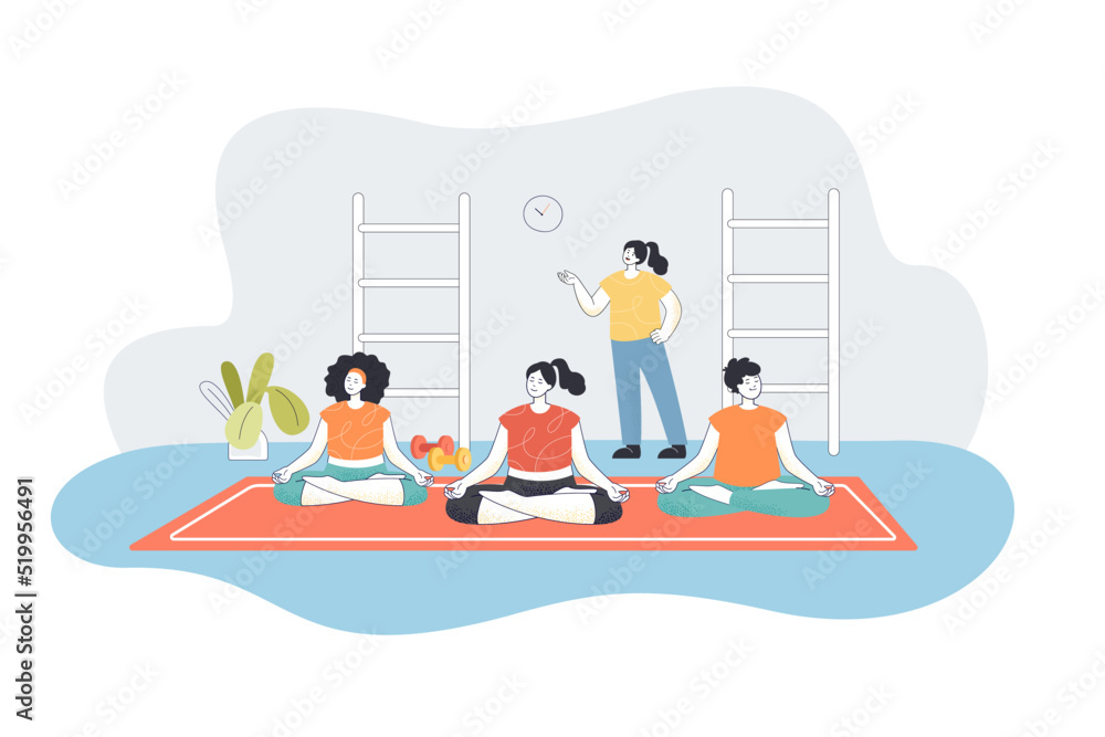 People practicing yoga with trainer flat vector illustration. Women sitting in lotus position, exercising in gym. Fitness, sport, workout concept for banner, website design or landing web page People practicing yoga with trainer flat vector illustration. Women sitting in lotus position, exercising in gym. Fitness, sport, workout concept for banner, website design or landing web page