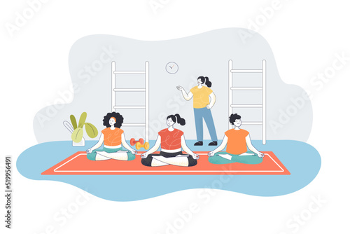 People practicing yoga with trainer flat vector illustration. Women sitting in lotus position, exercising in gym. Fitness, sport, workout concept for banner, website design or landing web page