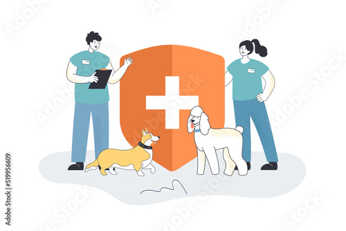 Veterinarians near shield with medical cross. Vets taking care of cats, dogs and other pets flat vector illustration. Healthcare, medicine concept for banner, website design or landing web page