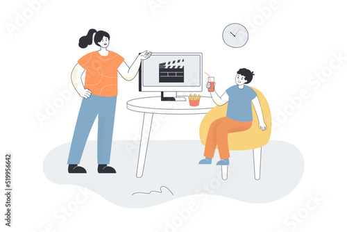 Boy watching movie on computer and eating fast food. Mother disapproving sons actions flat vector illustration. Parenthood, family, recreation concept for banner, website design or landing web page