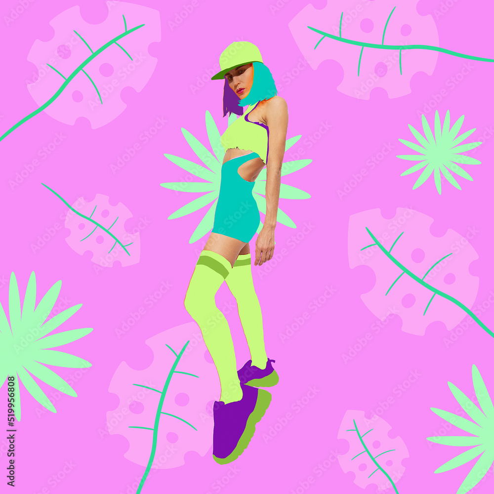 Fashion minimal collage art. Mix illustration and photo. Stylish summer sport girl Fashion minimal collage art. Mix illustration and photo. Stylish summer sport girl