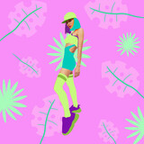 Fashion minimal collage art. Mix illustration and photo. Stylish summer sport girl