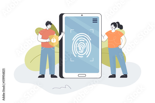 People looking at fingerprint on phone screen. Man and woman using fingerprint to unlock mobile flat vector illustration. Security, protection concept for banner, website design or landing web page