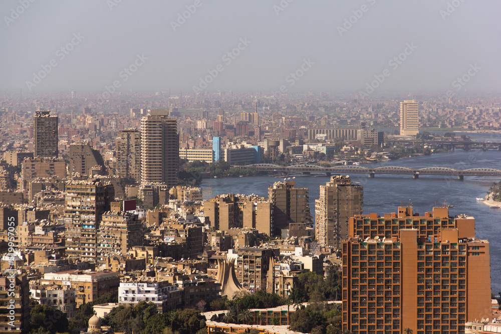 Sprawling megacity, concrete jungle of Cairo Egypt with the river Nile