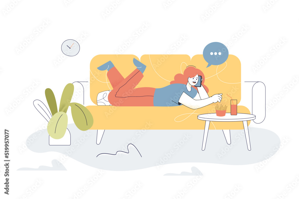 Girl lying on sofa, talking on phone and eating fast food. Girl spending weekend at home flat vector illustration. Recreation, procrastination concept for banner, website design or landing web page Girl lying on sofa, talking on phone and eating fast food. Girl spending weekend at home flat vector illustration. Recreation, procrastination concept for banner, website design or landing web page