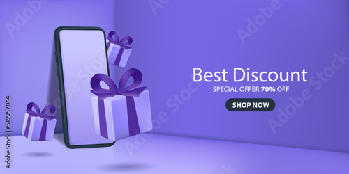 Best discount sale banner design in 3d illustration on purple background, sale smartphone on podium with gift design elements