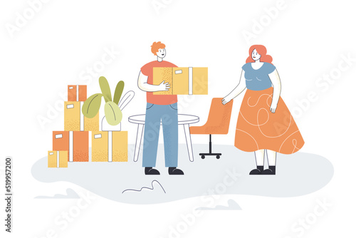 Husband and wife with cardboard boxes in new flat or house. Man holding box with furniture or delivery flat vector illustration. Moving or relocation, transportation, delivery concept for banner