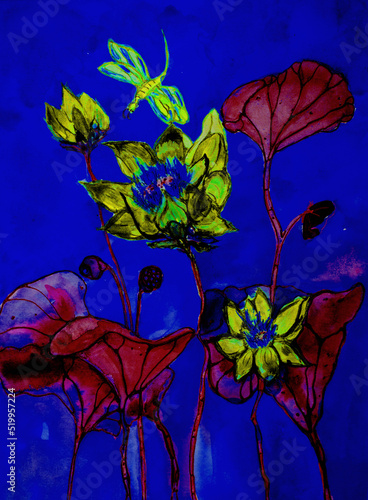 Trippy lotusflowers with dragonfly. The dabbing technique near the edges gives a soft focus effect due to the altered surface roughness of the paper. photo