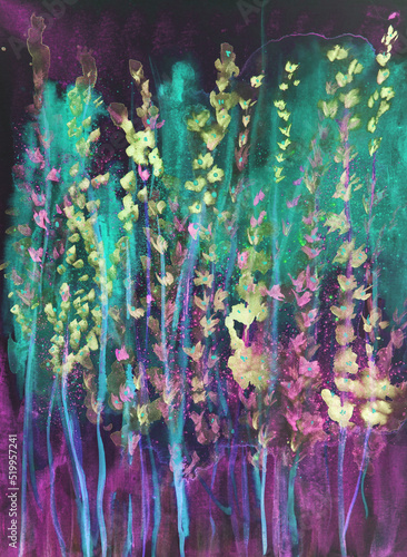 Lavender in the psychedelic night. The dabbing technique near the edges gives a soft focus effect due to the altered surface roughness of the paper.