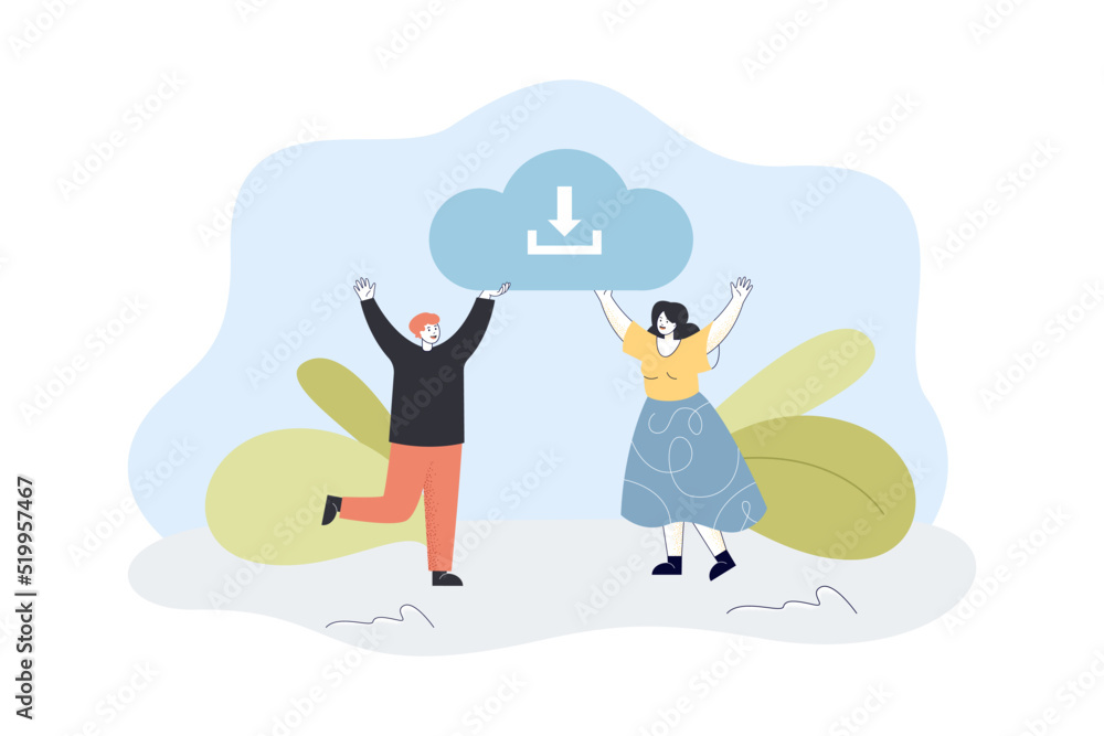 Man and woman holding download sign flat vector illustration. Happy people downloading data from cloud storage. Online storage service concept for banner, website design or landing web page Man and woman holding download sign flat vector illustration. Happy people downloading data from cloud storage. Online storage service concept for banner, website design or landing web page