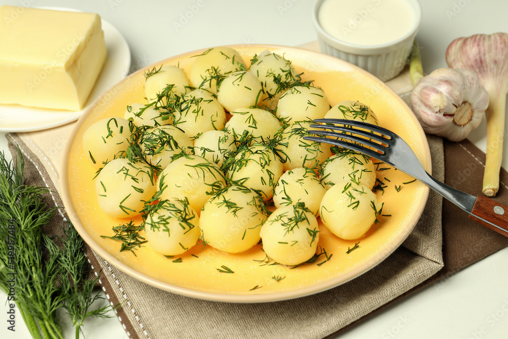 Concept of tasty food with boiled young potatoes, close up Concept of tasty food with boiled young potatoes, close up