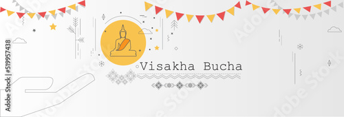 Banner buddha sits and temple flat draw lines design outline vector stroke on white panorama background with copy space