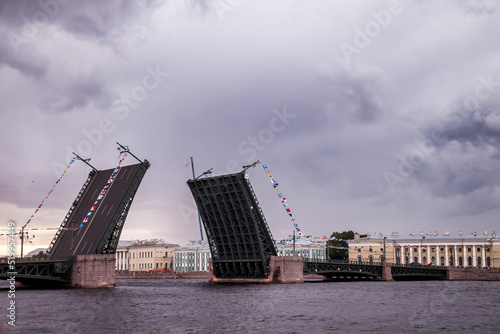 Day of Navy of Russian, naval parade. Background of divorced palace bridge